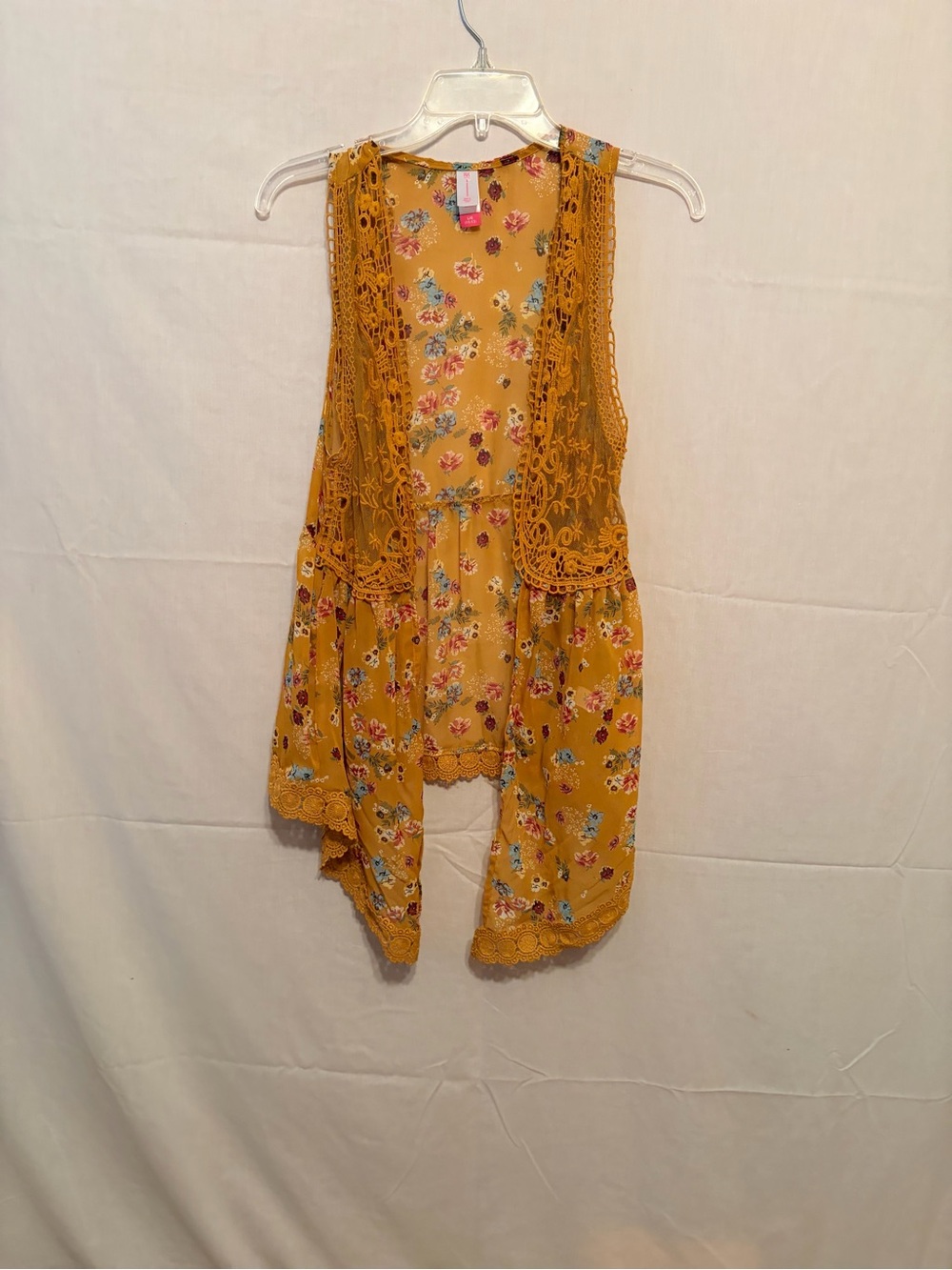 No Boundaries Mustard Floral Sleeveless Top with Crochet Neckline